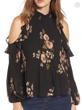 ASTR Floral Pleated Blouse Size L Black Sheer Ruffle Sleeve High Neck Top